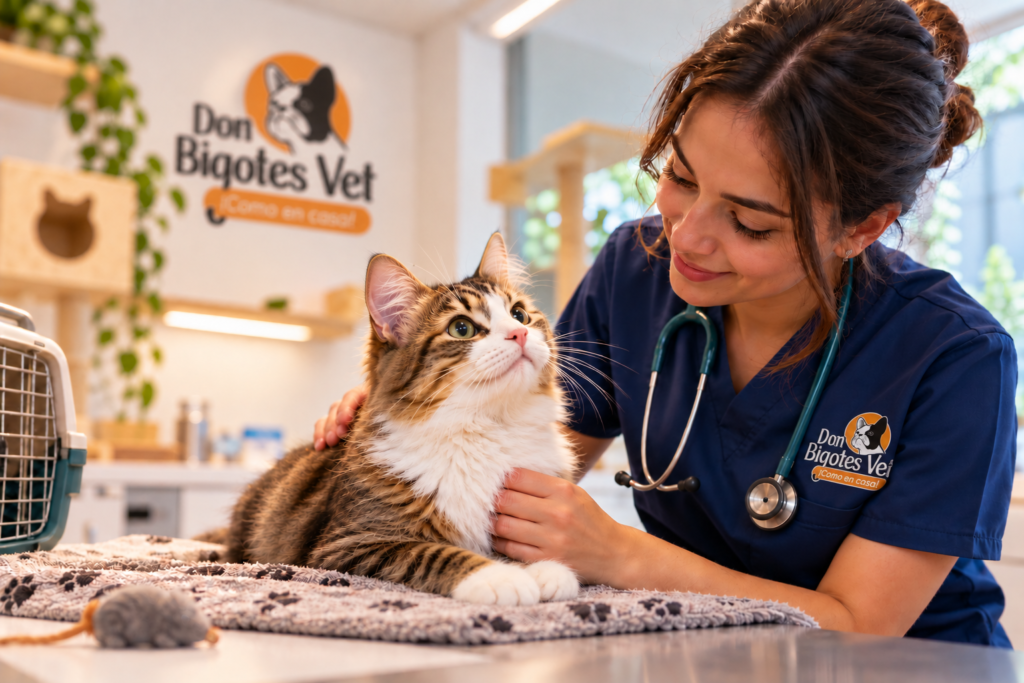 Veterinaria realizando una consulta veterinaria a un gato en Don Bigotes Vet Medellín