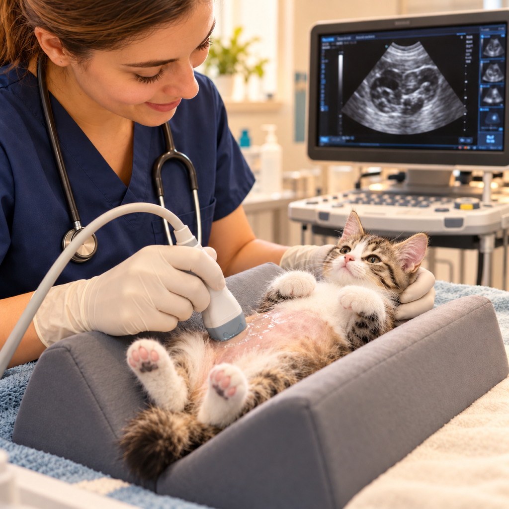 Veterinaria realizando ecografía abdominal a un gato en Don Bigotes Vet Medellín