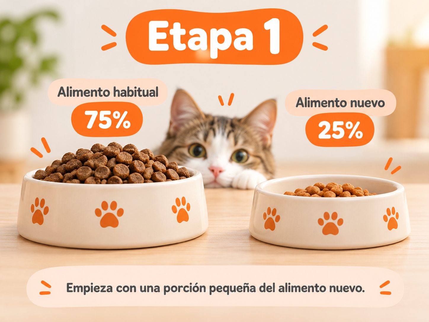 Etapa 1 del cambio de alimento en gatos con 75% de alimento habitual y 25% de alimento nuevo en platos separados