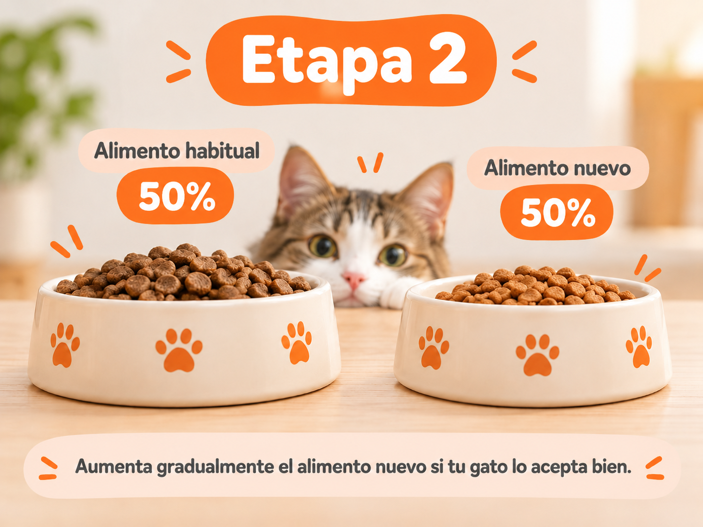 Etapa 2 del cambio de alimento en gatos con 50% de alimento habitual y 50% de alimento nuevo en recipientes separados