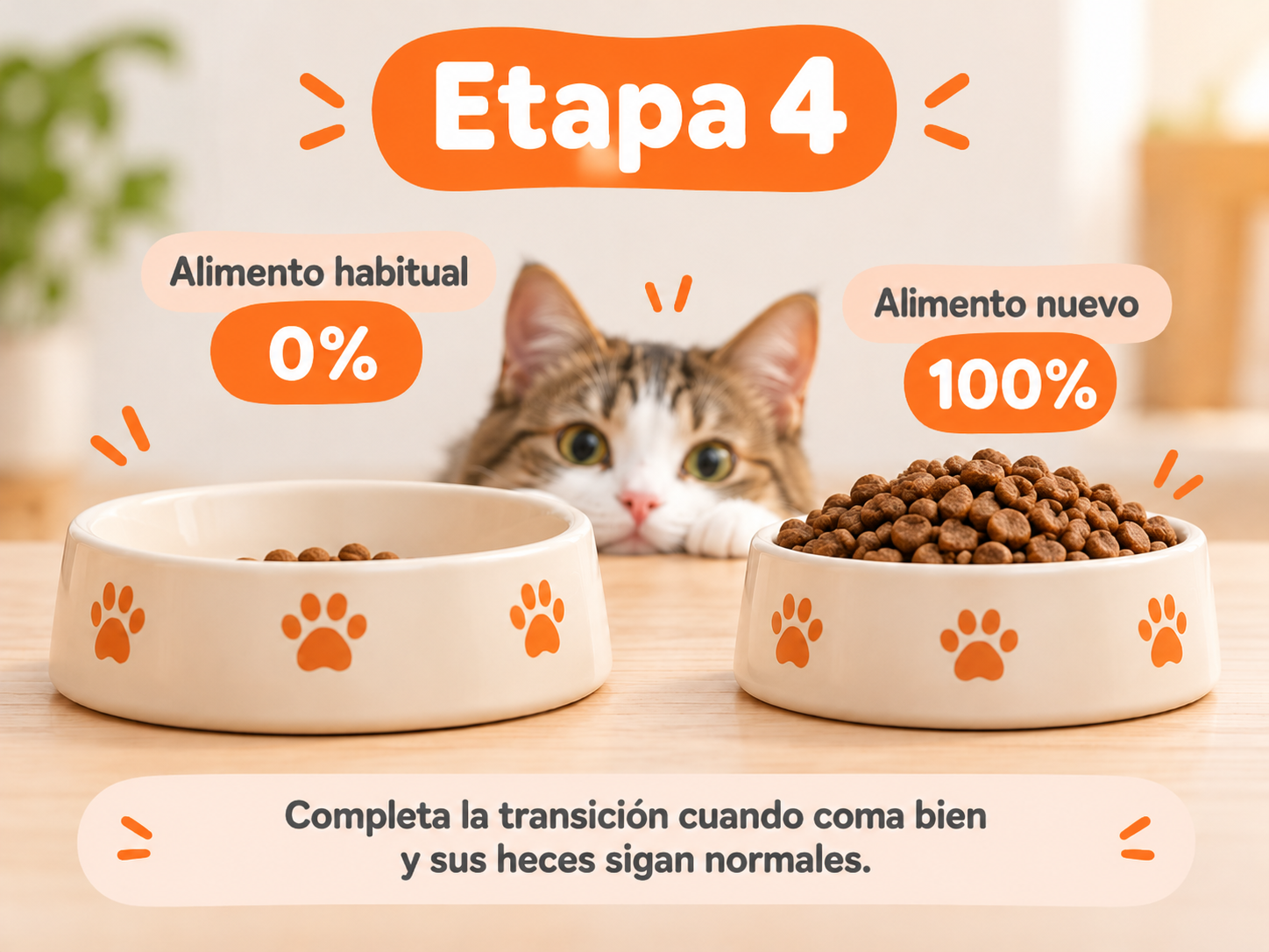 Etapa 3 del cambio de alimento en gatos con 25% de alimento habitual y 75% de alimento nuevo