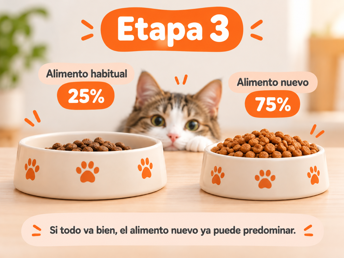 Etapa 4 del cambio de alimento en gatos con transición completa a 100% del alimento nuevo