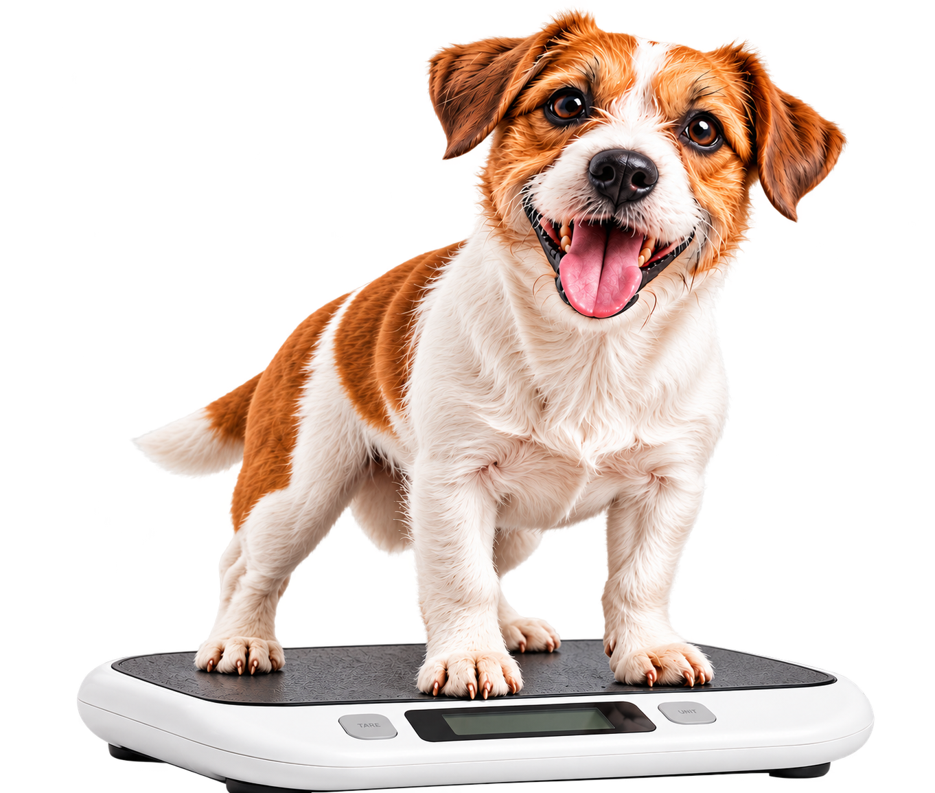 Perro sobre una báscula para evaluar su peso ideal