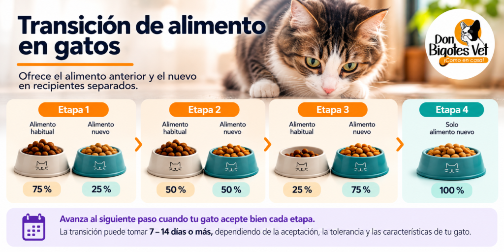 Guía visual para cambiar gradualmente el alimento de un gato en recipientes separados