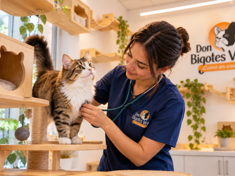 Veterinaria revisando a un gato en un espacio adaptado para el manejo felino