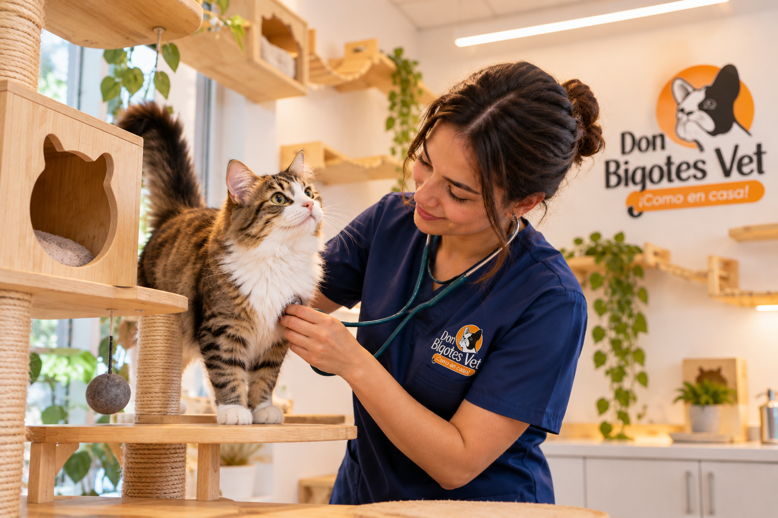 Atención veterinaria felina adaptada al gato | DonBi Veterinaria revisando a un gato en un espacio adaptado para el manejo felino