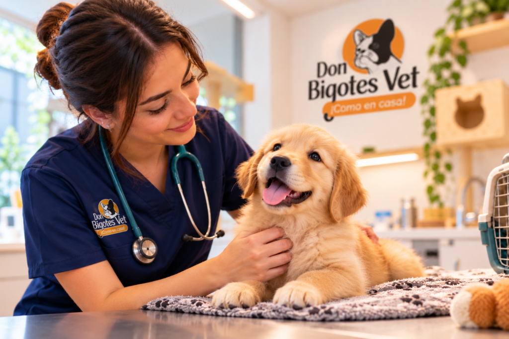 Veterinaria atendiendo un cachorro durante una consulta veterinaria para perros en Don Bigotes Vet Medellín